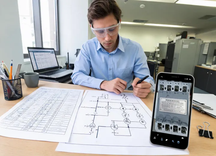 Engineer reviewing breaker schedule and single-line diagram